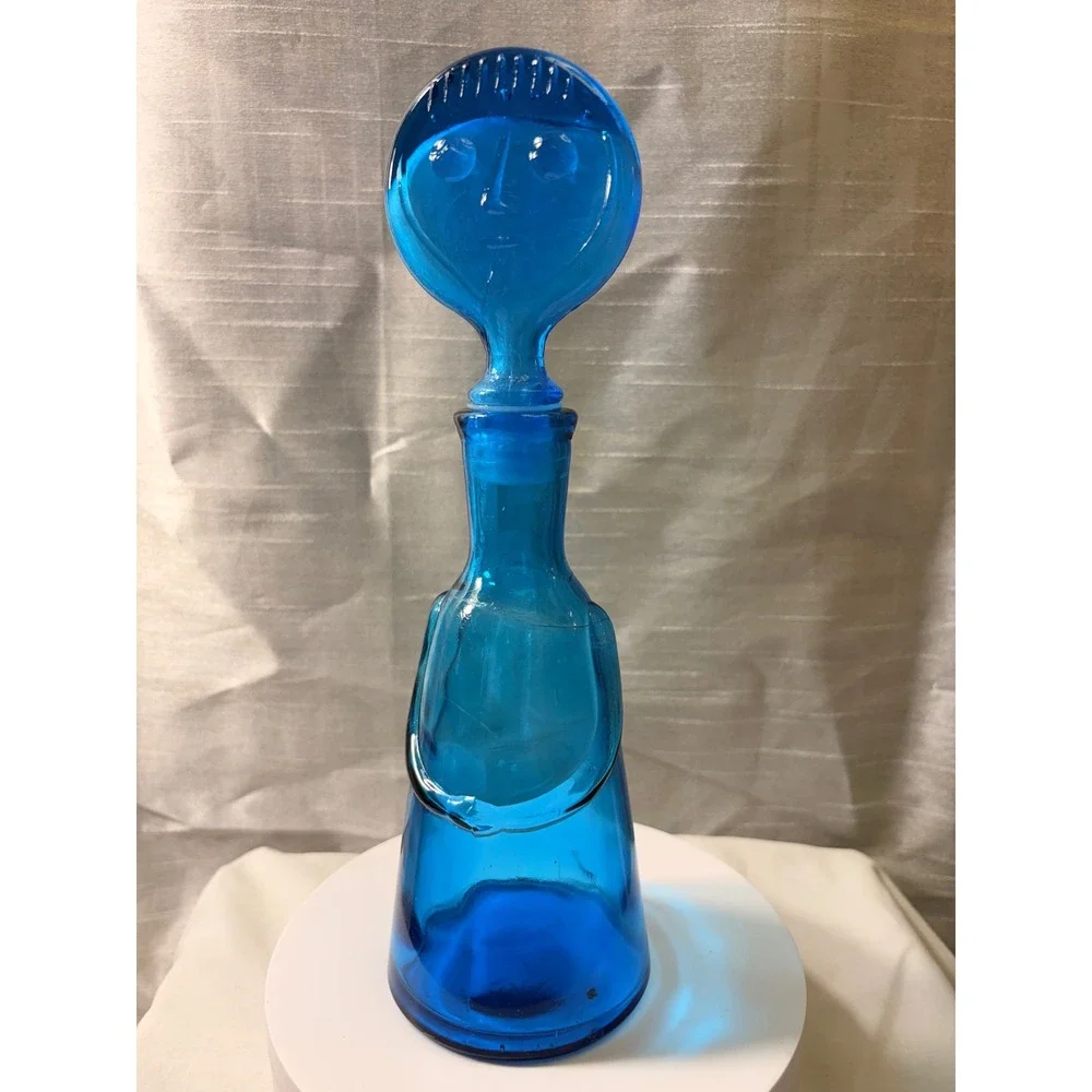 Vintage Erik Höglund Boda Blue Glass People Decanters Face Stoppers Pair MCM